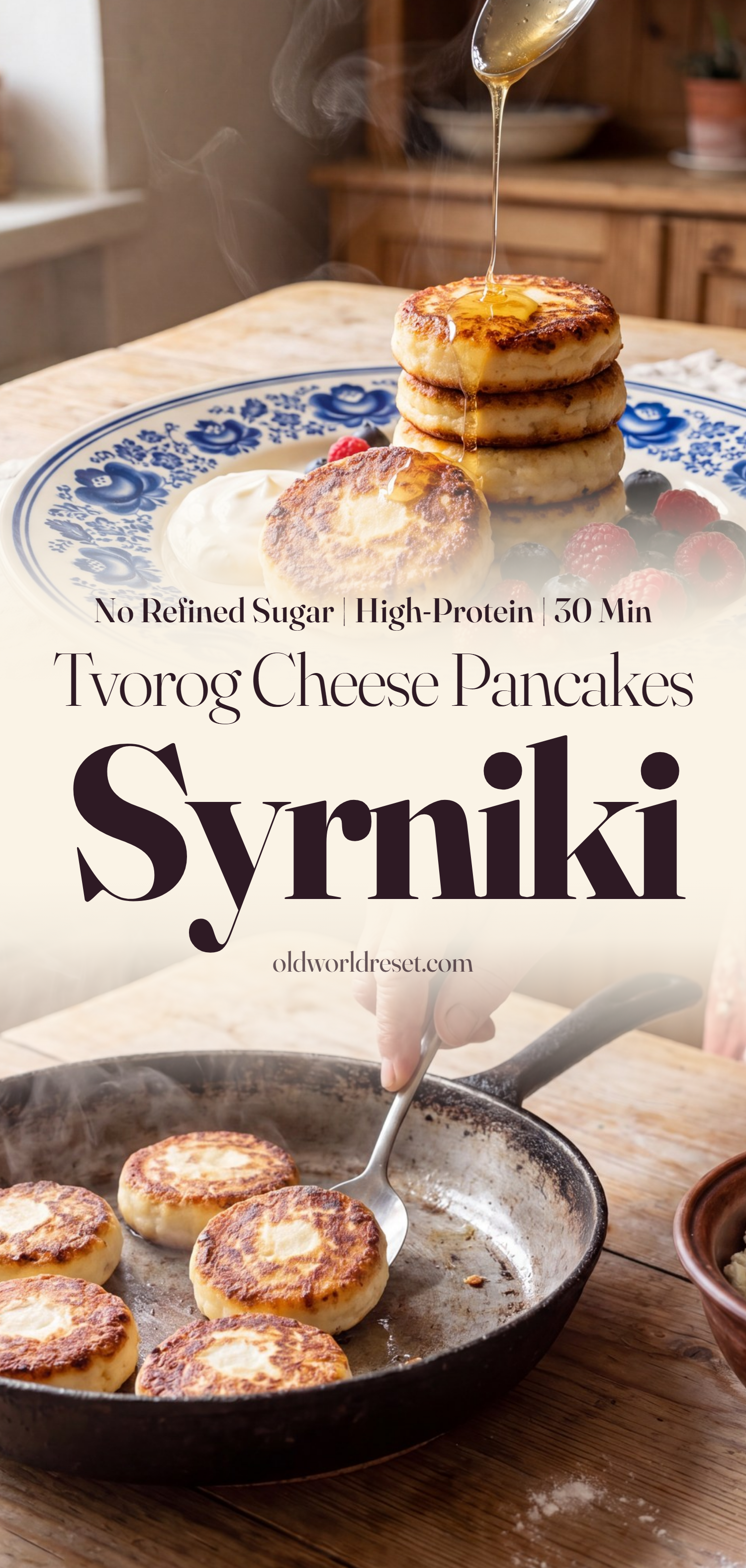 Syrniki — Tvorog Cheese Pancakes (Honey) - pin this recipe