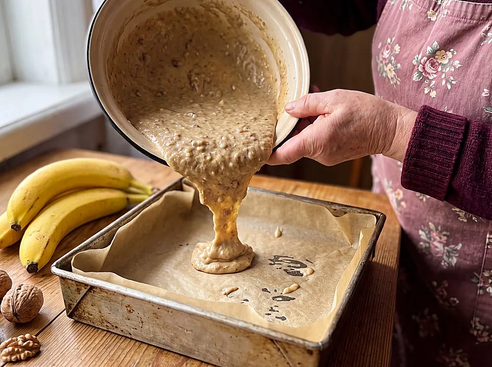 Making Banana Bread Snack Cake with Walnuts