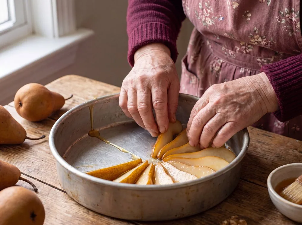 Making Pear & Walnut Upside-Down Cake