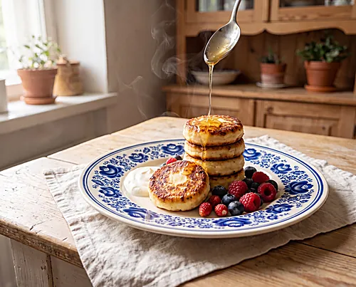 Syrniki — Tvorog Cheese Pancakes (Honey)