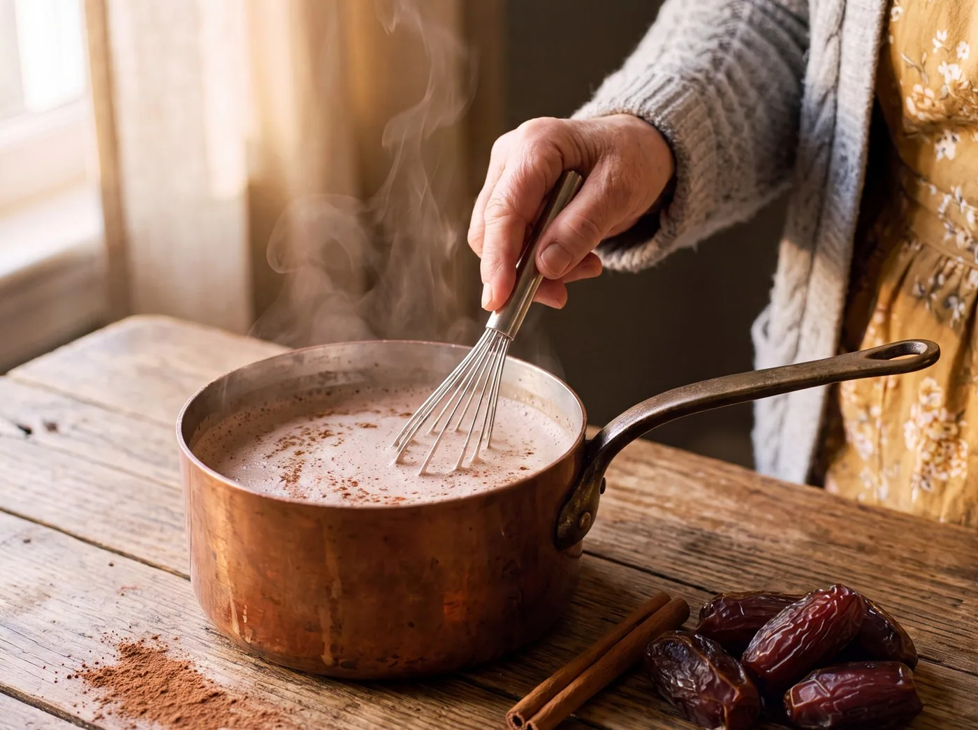 Making Warm Cacao Date Bedtime Milk