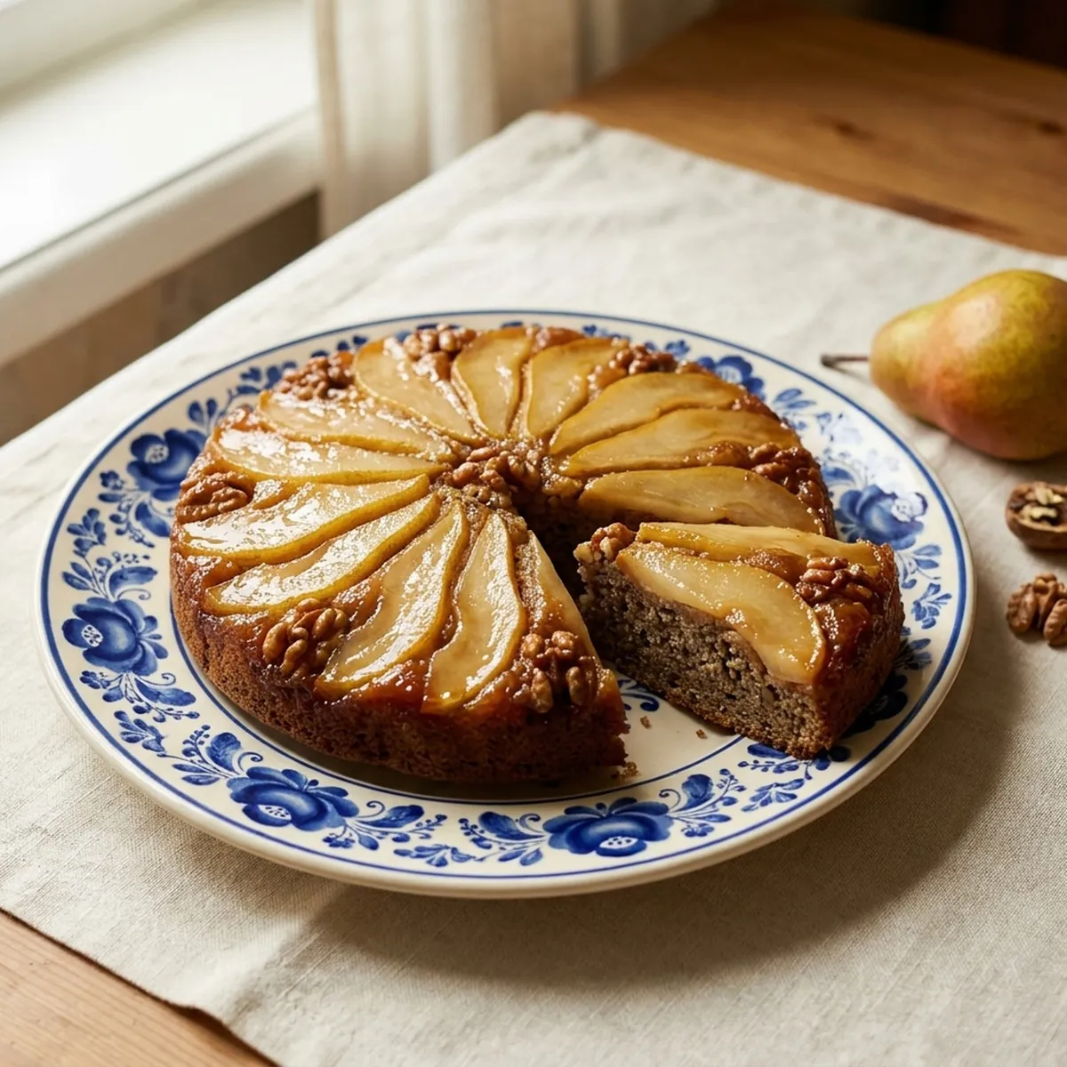 Pear walnut upside-down cake on a Gzhel plate