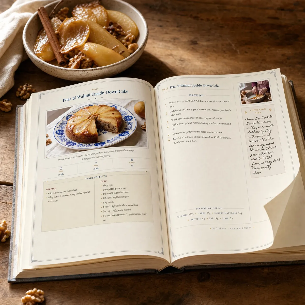 Pear and walnut recipe spread with baked pears
